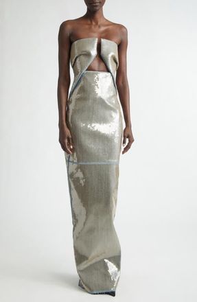Rick Owens Temple Prong Sequin Stretch Denim Cutout Strapless Gown in Blue/Sand at Nordstrom, Size 6 Us