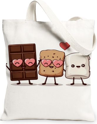 Generic Cute SMores Canvas Tote Bags, Funny Dessert Characters Pattern Reusable Grocery Bags, Summer Playful Lightweight Washable, White, 13x15 Inch