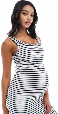 Mama Licious Mamalicious Maternity ribbed midi tank dress in gray and blue stripe