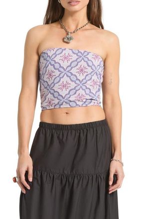 Brixton Hot to Go Tile Print Strapless Cotton Crop Top in Off White/Blue Tile at Nordstrom, Size X-Small