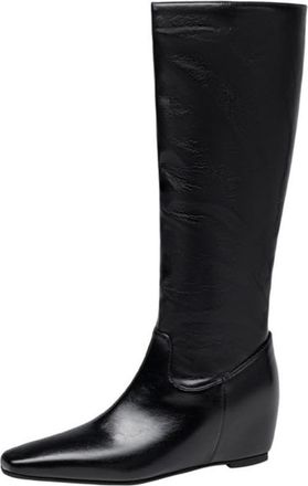 Generic Womens Square Toe Knee High Boots Wedge Heel Faux Leather Stylish Comfortable Non Slip Wear Resistant For Fashion Leisure Daily Wear,Black,3.5 UK