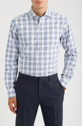 Lorenzo Uomo Trim Fit Plaid Cotton Dress Shirt in Navy/white at Nordstrom, Size 16.5