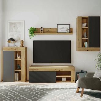 Dmora Dmora - Mueble Alto Watertown, Conjunto De Sal&oacute;n Moderno, Mueble Sal&oacute;n Multiusos, 260x41h102 Cm, Roble Nudos Y Antracita