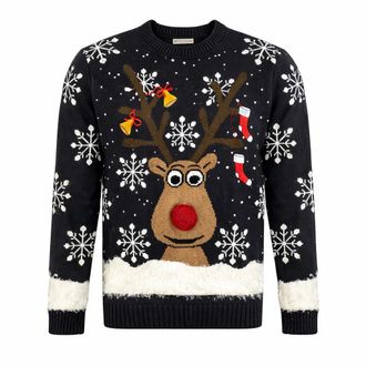Generic Reindeer Christmas Jumper - L Size [Large] - Adult Unisex Pom Pom Nose - Navy Blue