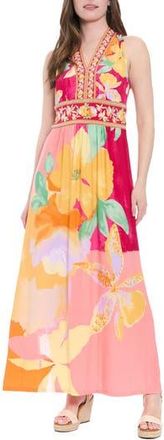 London Times V-Neck Sleeveless Maxi Dress in Rose Red/Gold at Nordstrom Rack, Size 12