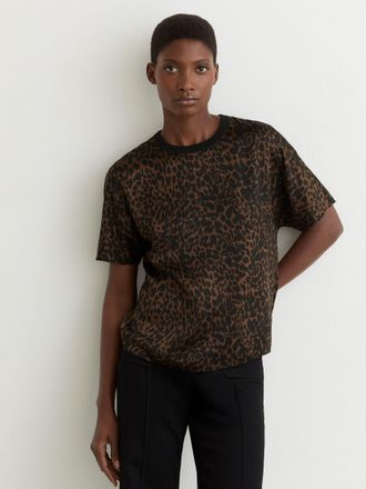 Reiss Black & brown Silk Animal-print Short-sleeve Top, 16