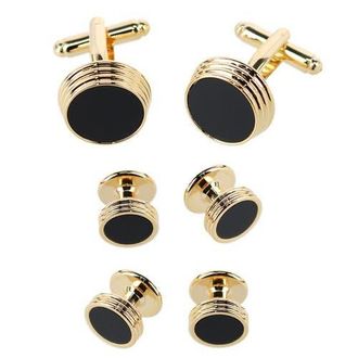 Trafalgar Store Xaviar Ring Detailed Circular Cufflink Stud Set in Gold With Onyx at Nordstrom