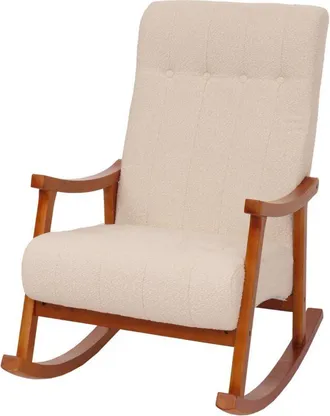 Hhg Silla mecedora HHG-862, sillón relax, madera MVG, tejido bouclé (450 g/m²), color crema, estructura con acabado en nogal