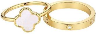 Adornia Adornia 14K Plated Mother Of Pearl Clover And Cz Eternity Band Ring Set