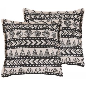 Beliani Conjunto De 2 Cojines Fundas De Algod&oacute;n Beige Y Negro Con Relleno 45 X 45 Cm Patr&oacute;n R&uacute;stico Decoraci&oacute;n Boho Hentepe