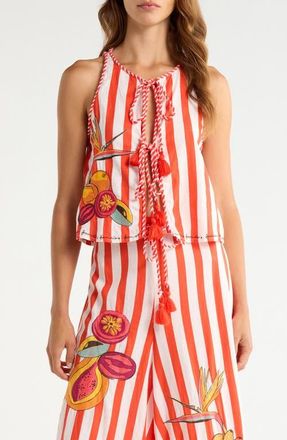 Farm Rio Stripe Fruit Embroidered Tie Front Cover-Up Top at Nordstrom, Size X-Small
