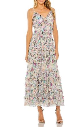 Mac Duggal Sleeveless Floral V-Neck Sequin Detail Ruffle Dress in Nude Multi at Nordstrom, Size 14