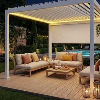 Sweeek P&eacute;rgola bioclim&aacute;tica 3x4m led + 1 toldo de 4m, blanco