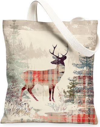Generic Winter Deer Canvas Tote Bags, Rustic Forest Pattern Reusable Shopping Bags, Vintage Lightweight Washable Shoulder Strap Can, Beige, 13x15 Inch