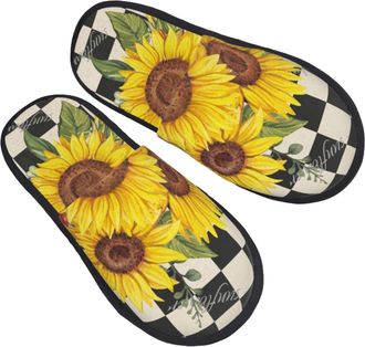 Generic Hotel Slippers Sunflower Black Buffalo Class Grid Flower Warm House Slippers Unisex Indoor Shoes For Women Travel Winter L