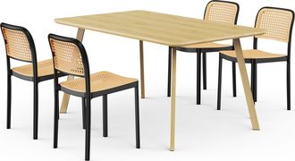 VonHaus Light Wood Effect Dining Table with 4 Plastic Rattan Dining Chairs Set