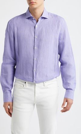 Canali Regular Fit Linen Button-Up Shirt in Light Purple at Nordstrom, Size Xx-Large