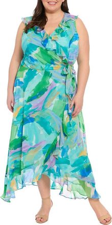 London Times Ruffle Faux Wrap Maxi Dress in Soft White/Aqua at Nordstrom Rack, Size 20W