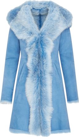 Infinity Leather Womens Blue Toscana Sheepskin Suede Leather Hooded Trench Coat - Aura