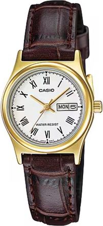 Casio Womens Gold-Tone Analog Watch with White Dial and Brown Leather Strap - LTP-V006GL-7B