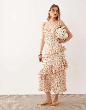 New Look Petite Vestito lungo giallo con stampa a fiori e volant