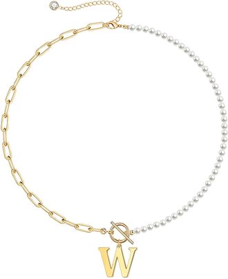 Rachel Glauber Rg 14K Gold Plated Initial Pearl Link Chain Necklace