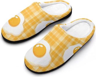 Generic Fried Eggs Yellow Plaid Slippers Men Winter Warm Cotton Anti-Slip Indoor Slip-Ons House Shoes