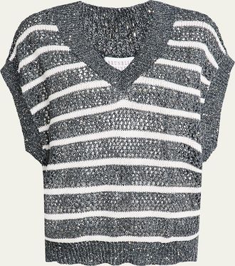 Brunello Cucinelli Antibes Striped Paillette Open-Knit Sleeveless Sweater