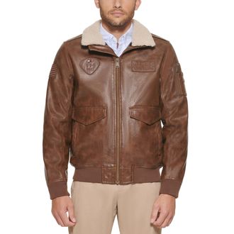 Tommy Hilfiger Mens Faux Leather Bomber Jacket, Saddle/Patches, L