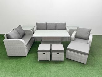Fimous Patio PE Wicker 9 Seater Outdoor Rattan Furniture Sofa Sets w/ Adjustable Lifting Dining or Coffee Table Reclining Chair Loveseat Sofa 3