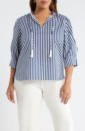 Sugarlips Glenda Stripe Irina Tie Split Neck Top in Navy-White at Nordstrom, Size 2X
