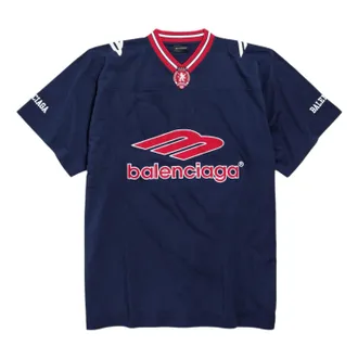 Balenciaga 3B Football V-neck T-shirt Oversized Dark Navy Red 857086TTVQ64030