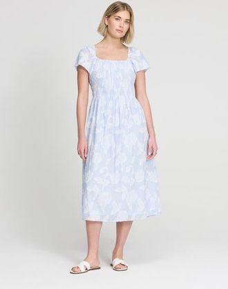 Finery Petite Maia Elasticated Waist Midi Dress in Blue Floral Stripe at Nordstrom, Size 16