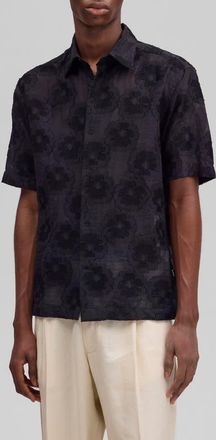 Nn.07 Freddy 50045 Embroidered Floral Short Sleeve Cotton Blend Button-Up Shirt in Black at Nordstrom, Size Xx-Large