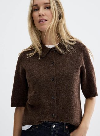 Contemporaine Womens Plain plush polo-collar Cardigan Sweater