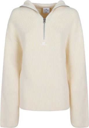 Courr&egrave;ges Geribbelde wollen sweater met capuchon en rits - Dames - Coltruien - Beige - S - Wol - Truien & Vesten