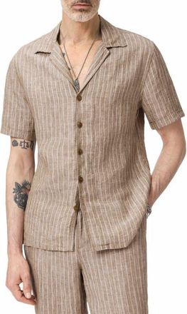 John Varvatos Grady Stripe Linen Camp Shirt in Faded Twine at Nordstrom, Size Xx-Large
