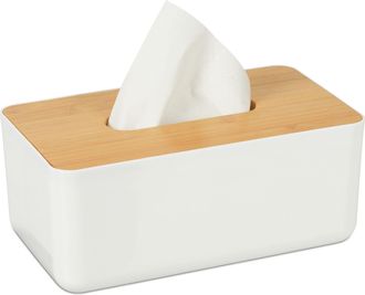 Relaxdays Relaxdays - Set 2 Cajas Para Pa&ntilde;uelos, Tapa De Bamb&uacute;, Para El Ba&ntilde;o, Modernas, Pl&aacute;stico, 10 X 23 X 13 Cm, Blanco Y Marr&oacute;n Natural
