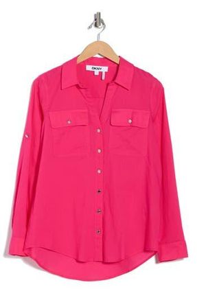 DKNY Solid Roll Sleeve Button-Up Shirt in Hot Pink at Nordstrom Rack, Size X-Large