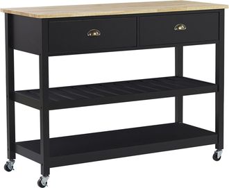 Beliani Carrito De Cocina Negro Encimera Madera Clara 2 Estantes 2 Cajones Para Cubiertos Ruedas Estilo Moderno Escandinavo Navarino