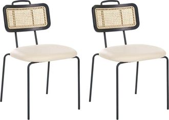 Beliani Set of 2 Dining Chairs Light Beige Faux Leather Seat PE Rattan Back Iron Legs Armless Protective Caps Modern Boho Design ADELANTO