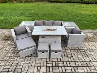 Fimous Outdoor Garden Dining Sets Rattan Furniture Gas Fire Pit Dining Table With 2 Armchairs 2 Side Tables in Light Grey
