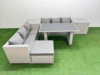 Fimous 7-seater Patio Rectangular Table Sofa Set with 2 Side Tables Big Stool in Light Grey
