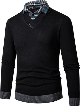 Generic Jumper for Men UK, Fake Two Piece Knitted Jumper, Business Office Work Sweaters with Mock Shirt Collar Insert, Slim Fit Knitwear Autumn Winter Warm Kn