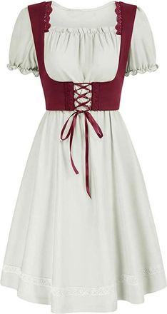 Generic Oktoberfest Outfit Women Medieval Costume Traditional Puff Short Sleeve Dirndl Dress And Lace Up Vest 2 Piece Outfit Ladies Bavarian Oktoberfest Beer 