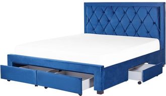 Beliani Cama Con Almacenaje De Terciopelo Azul Marino 180 X 200 Cm Cajones Cabecero Alto Capiton&eacute; Glamuroso Lievin