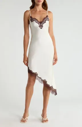 Ever New Posie Lace Trim Asymmetric Slipdress in Cream/chocolate at Nordstrom, Size 12