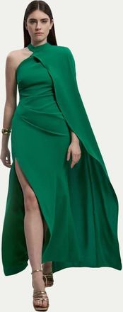 Karen Millen One Shoulder Cape Sleeve Maxi Dress in Green at Nordstrom, Size 12
