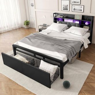 Merax 4ft6 Double Black Metal Bed with Lights, Charging Ports & Drawers
