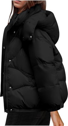 Generic Womens Winter Short Down Coat Loose Solid Color Padding Jacket Puffer Outwear with Removable Hood Zipper Padded Quilted Coat Thermal Windproof Down Ov